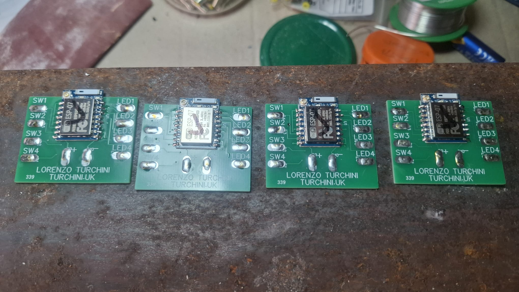 Four custom-designed PCBs branded TURCHINI.UK with ESP-07 — batch production
