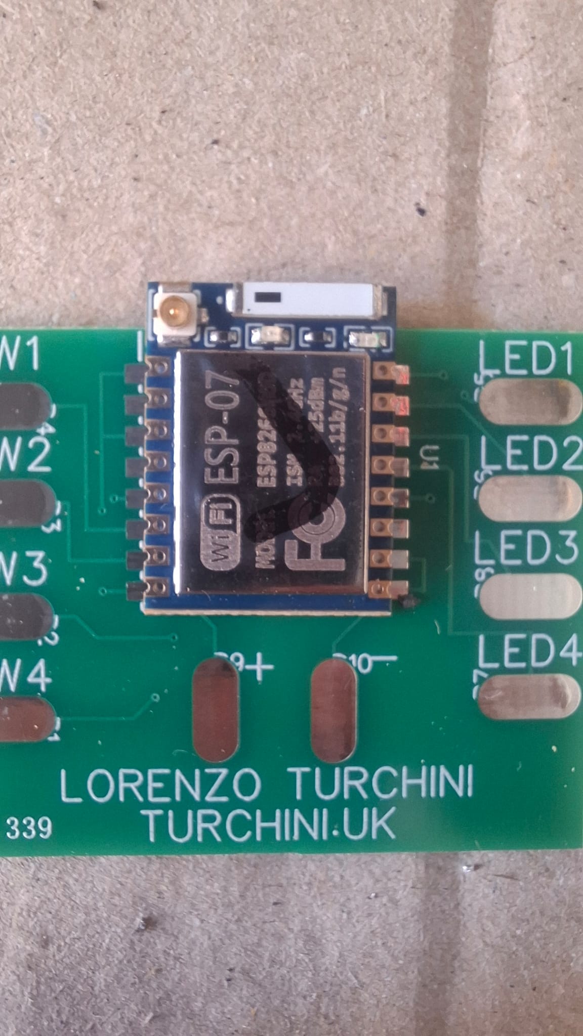 Custom-designed PCB branded TURCHINI.UK with ESP-07