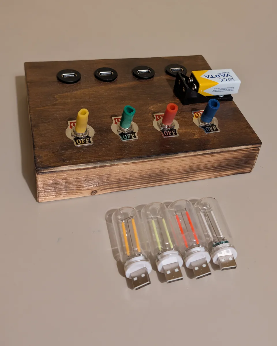 The four USB filament bulbs unplugged and laid in front of the box, with the empty USB sockets visible on the lid
