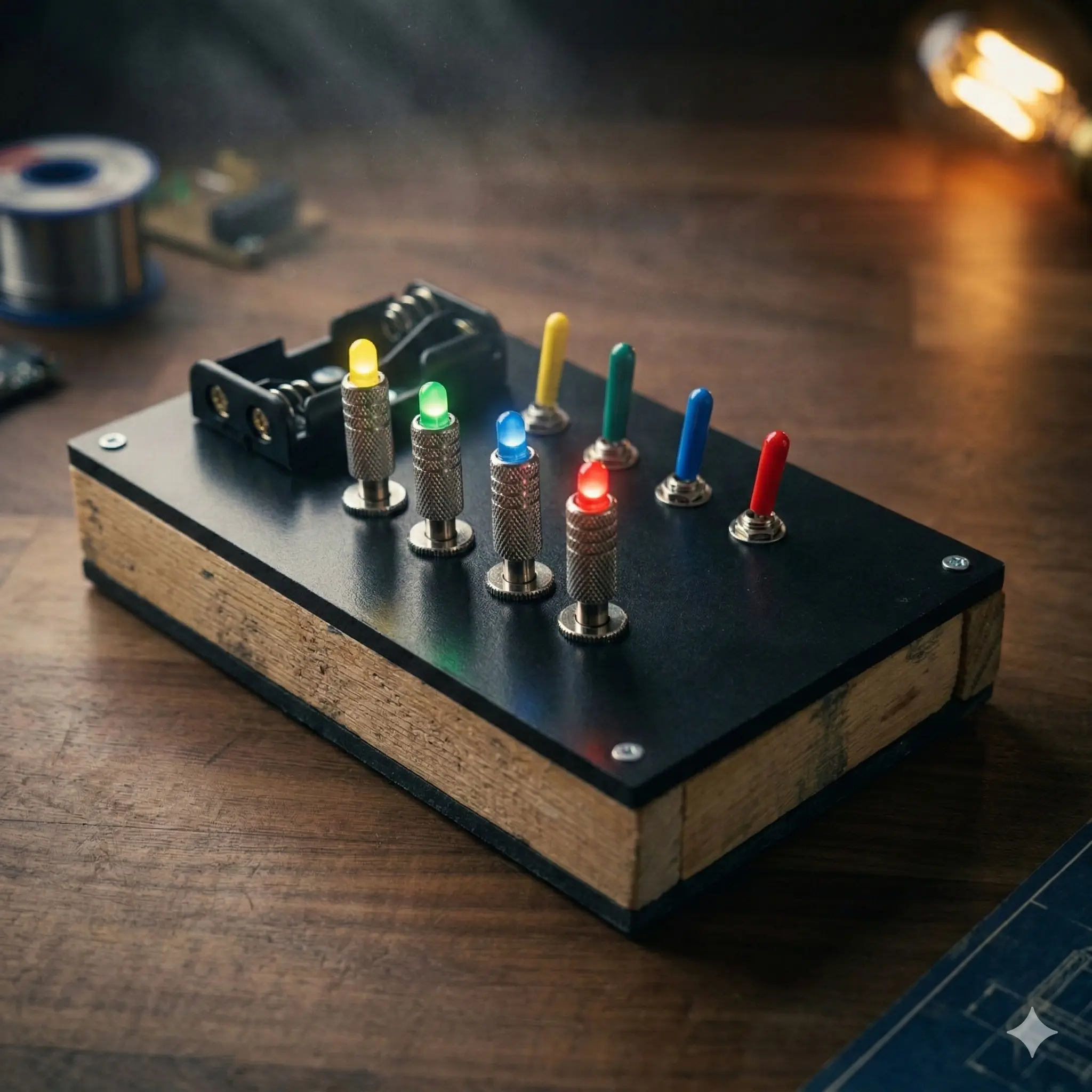 The Turing Box: a black-topped wooden box with four coloured toggle switches and four lit LEDs